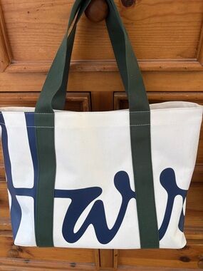Harrods Canvas Tote Bag with Dark Green Straps and Navy Script